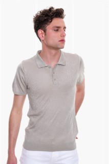 T-Shirt - Men's Beige Geometric Pattern Pole Collar Buttoned Dynamic Fit Comfortable Cut Knitwear T-Shirt 100351249 - Turkey