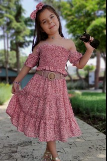 Girl Clothing - بدلة تنورة وردية قصيرة بكتف منخفض وياقة قارب منقوشة بنقشة زهور بناتي 100328533 - Turkey