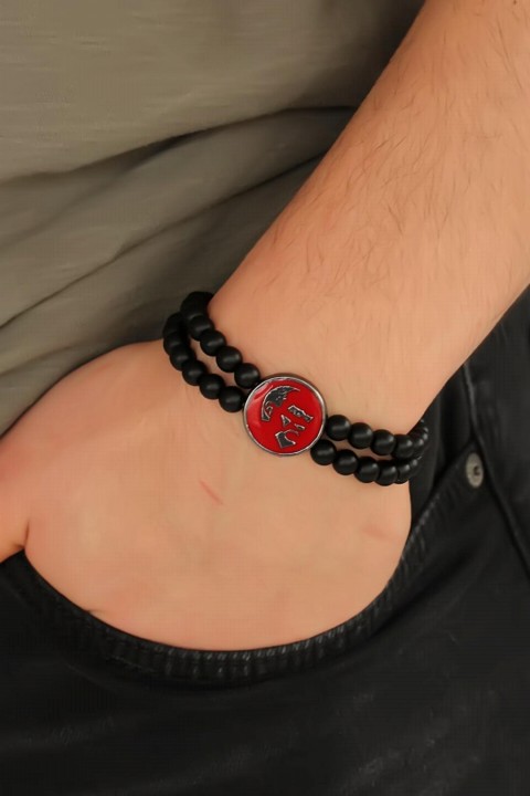 Men - Red Color Metal AtatÃ¼rk Signature Design Black Color Matte Onyx Natural Stone Men's Bracelet 100318479 - Turkey