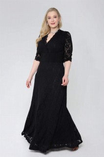 Plus Size - Full Guipure Plus Size Long Dress Black 100275965 - Turkey