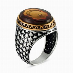 Amber Stone Moon Star Flag Silver Ring 100348209