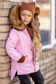 Coat, Trench Coat - Girls' Hoodie Pink Coat With Fur Collar And Berets 100328615 - Turkey