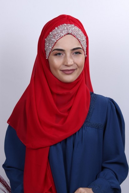 Woman Hijab & Scarf - Stone Design Bonnet Shawl Red 100282978 - Turkey