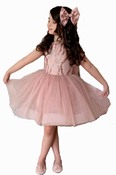 Evening Dress - فستان سهرة بناتي باللون الوردي مع فيونكة أمامية مخططة باللون اللبني وإبزيم 100327825 - Turkey