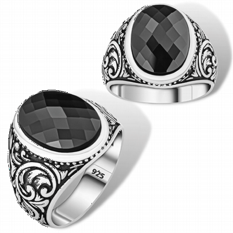 Black Cut Onyx Stone Men's Sterling Silver Ring 100350354