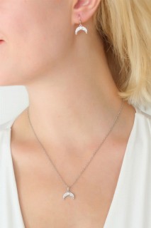 Necklaces - Silver Color Crescent Figure Zircon Stone Detail Women's Necklace Earring Set 100328135 - Turkey