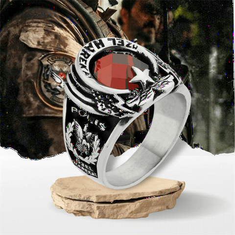 Double Headed Eagle And Moon Star Patterned Pöh Model Stone Silver Men's Ring 100348858