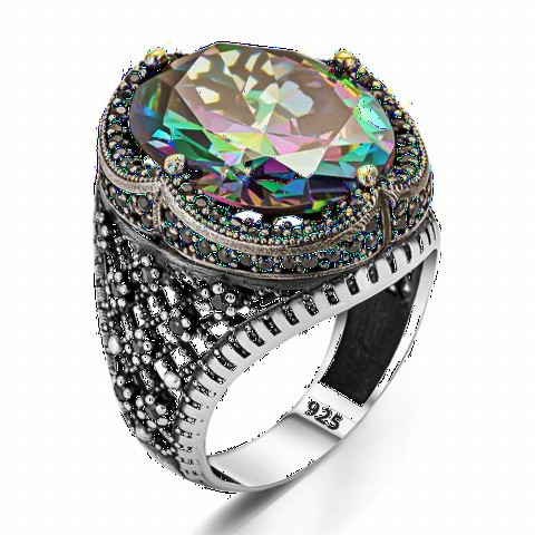 mix - Mystic Topaz Stone Motif Embroidered Sterling Silver Ring 100349824 - Turkey