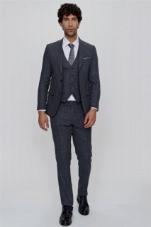 Men's Navy Blue Star Patterned Vest Slim Fit Slim Fit 6 Drop Suit 100351011