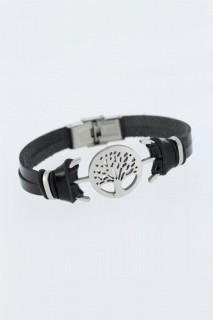 Men - Silver Color Tree Figured Metal Accessory Black Color Leather Men's Bracelet 100318604 - Turkey