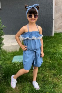 Girl's Rope Strap Waist Lace-Up Lace Embroidered Blue Shorts Jumpsuit 100328453