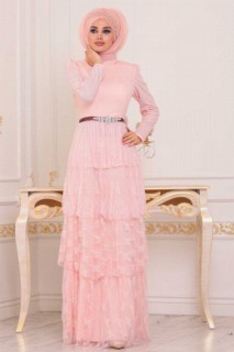 Wedding & Evening - Powder Pink Hijab Evening Dress 100299687 - Turkey