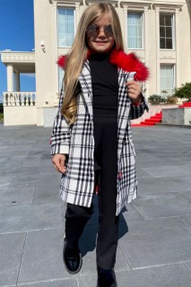 Coat, Trench Coat - Girl's Collar Fur and Front Button White Plaid Coat Bottom Top Set 100327283 - Turkey