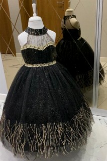 Girl Clothing - Girls Silvery Gold Embroidered Fluffy Black Evening Dress with Stone Waist and Tarlatan 100327425 - Turkey