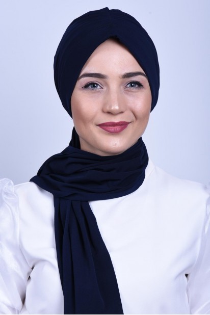 Woman Bonnet & Turban - Shirred Tie Bone آبی سرمه ای - Turkey