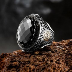 Cut Zircon Stone Seljuk Patterned Silver Ring 100346550