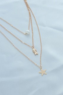 Necklaces - Gold Color Fishbone Star Detail Multiple Women's Necklace 100327908 - Turkey