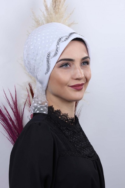 Woman Bonnet & Hijab - بونيه تول بولكا دوت ليف أبيض - Turkey