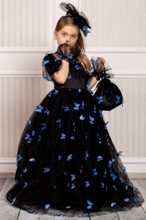 Evening Dress - Robe de soirée noire avec papillon brodé de pierres sur la poitrine pour fille et sac 100328134 - Turkey