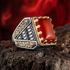 Agate Stone Rings - Sterling Silver Ring with Red Agate Stone Embellished with Stones on the Sides 100346446 - Turkey