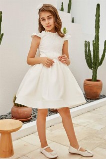Kids - Girls Ruffle Collar Embroidered Embroidered Skirt and Fluffy Tulle White Evening Dress 100327803 - Turkey