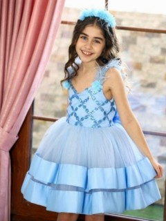 Evening Dress - Girl's Blue Evening Dress with Pulpette Detail Baklava Slice 100326737 - Turkey