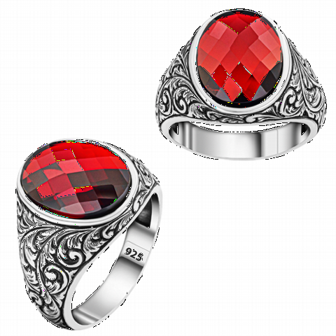 Zircon Stone Rings - Sterling Silver Men's Ring with Red Zircon Stone with Pen Embroidered Sides 100350323 - Turkey