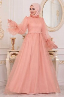 Evening & Party Dresses - Salmon Pink Hijab Evening Dress 100300030 - Turkey