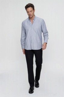 Men's Navy Blue Regular Fit Comfy Cut Checked Buttoned Collar Long Sleeve Shirt 100351313