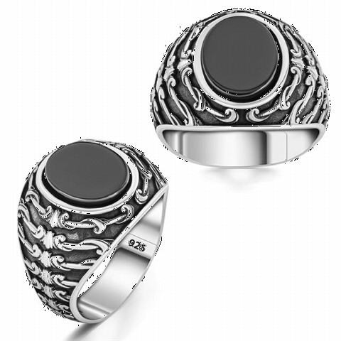Onyx Stone Rings - Ivy Patterned Oval Onyx Silver Ring 100350296 - Turkey