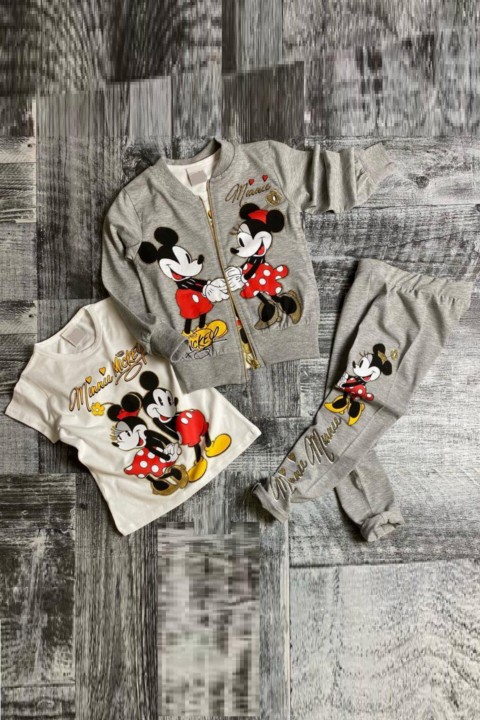 Tracksuits, Sweatshirts - Girl's Glittery Minnie Mouse Printed 3-pack Gray Tracksuit Suit 100327182 - Turkey