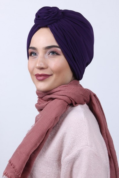 Woman Bonnet & Turban - دو طرفه گل رز استخوانی بنفش - Turkey