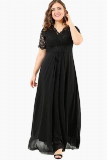 Woman - Guipure Chiffon Plus Size Evening Dress BLACK 100276250 - Turkey
