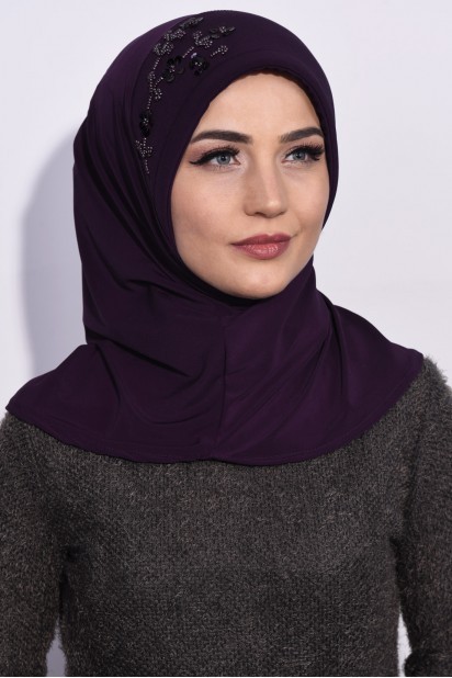 Evening Model - Praktischer Pailletten Hijab Lila - Turkey