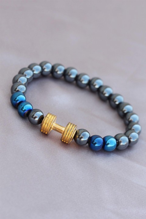 Bracelet - Dumbbell Design Smoked Blue Natural Stone Men's Bracelet 100319018 - Turkey