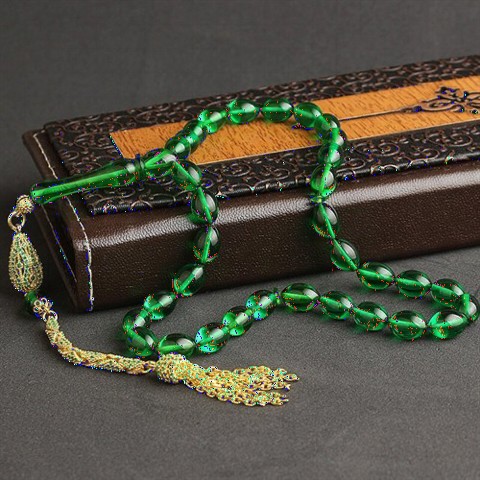 Tasseled Green Zircon Stone Decorated Spinning Amber Rosary 100349450