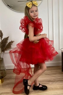 Children's Velvet Striped and Tailed Fluffy Red Evening Dress 100327910