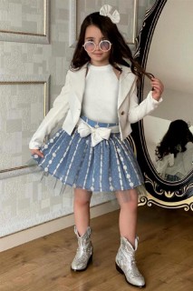 Girl Clothing - Boy's Back Bow Blazer Jacket and Floral Embroidered Blue Skirt Suit 100328016 - Turkey