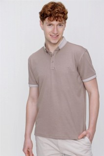 T-Shirt - Men's Beige Mercerized Buttoned Collar Dynamic Fit Comfortable T-Shirt 100350712 - Turkey