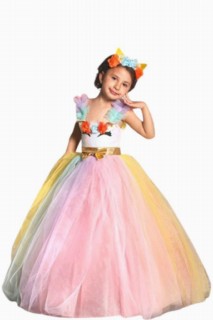Evening Dress - Girl's Flower Pulpeau Rainbow Tulle Evening Dress 100326725 - Turkey
