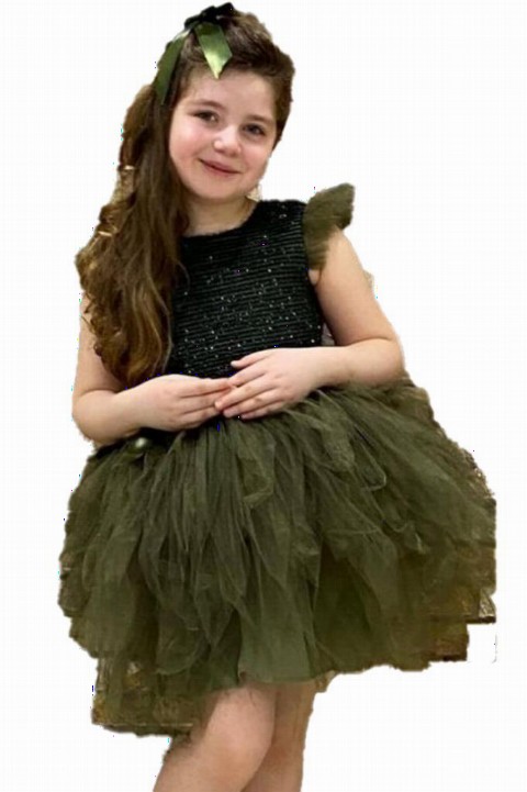 Evening Dress - Girl's Shoulder Tulle Fluffy Green Evening Dress 100326691 - Turkey