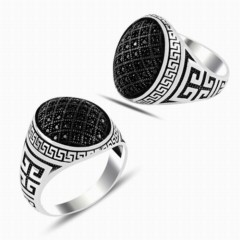 Men - Black Micro Stone Seljuk Patterned Silver Ring 100347845 - Turkey