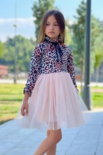 Girl Leopard Patterned Ruffle Collar Bow Detailed Tulle Powder Dress 100344698