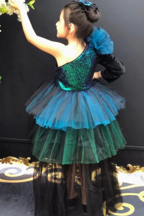Girl Tailed Sequin Blue-Green Evening Dress 100326940