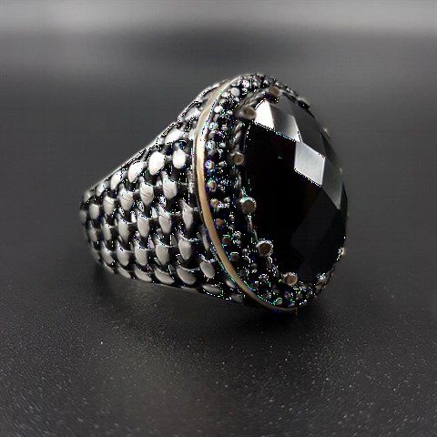 Zircon Stone Rings - Black Zircon Stone Edges Micro Stone Silver Men's Ring 100349290 - Turkey