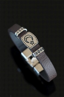 Bracelet - Metal Moon Star AtatÃ¼rk Silhouette Brown Leather Men's Bracelet 100327885 - Turkey