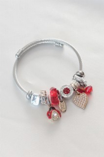 Jewelry & Watches - Red Color Heart Figure Ladybug Detail Steel Charm Women's Bracelet 100328158 - Turkey