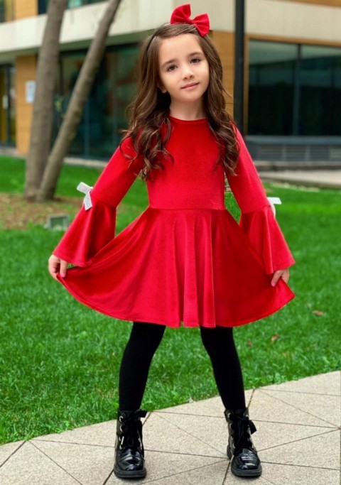 Girl Clothing - فستان بناتي أحمر مخملي مزين بريبون 100326639 - Turkey