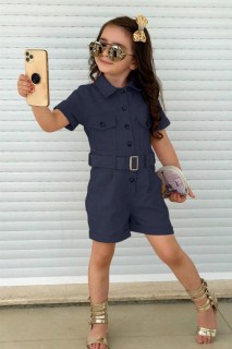 Outwear - For Girls' Buttoned Double Pocket Short Sleeves Short Navy Blue Jumpsuit 100328379 - Turkey