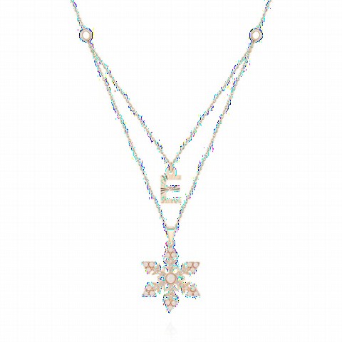Necklaces - Snowflake Silver Necklace with Initials Opal Stone Rose 100350071 - Turkey